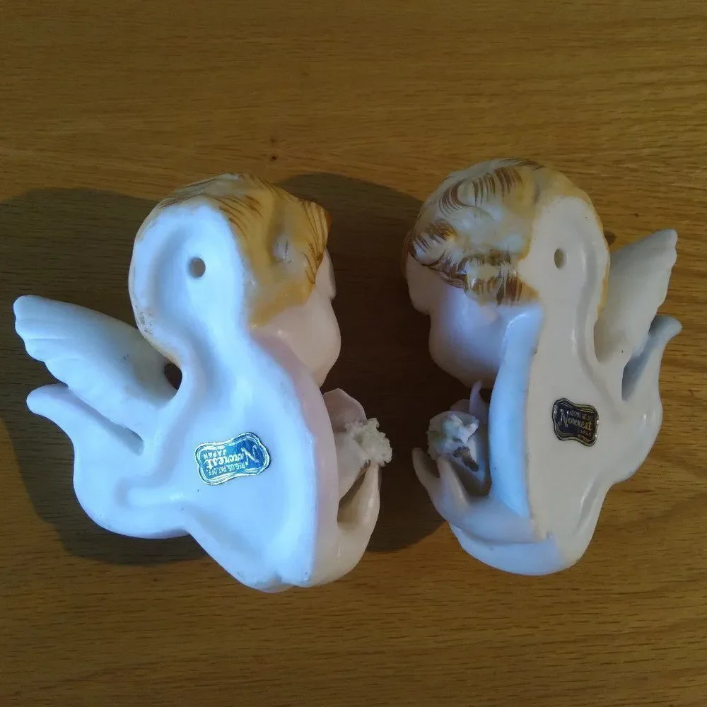 Vintage Norcrest Japan Porcelain Cherubs Angels Holding Flowers Wall Hangings